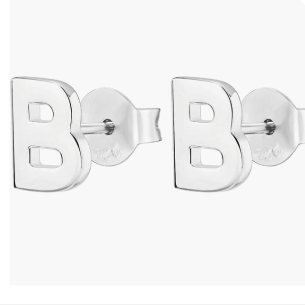 NIB PAVOI 14K White Gold Plated Sterling Silver Alphabet Letter Earrings "B"